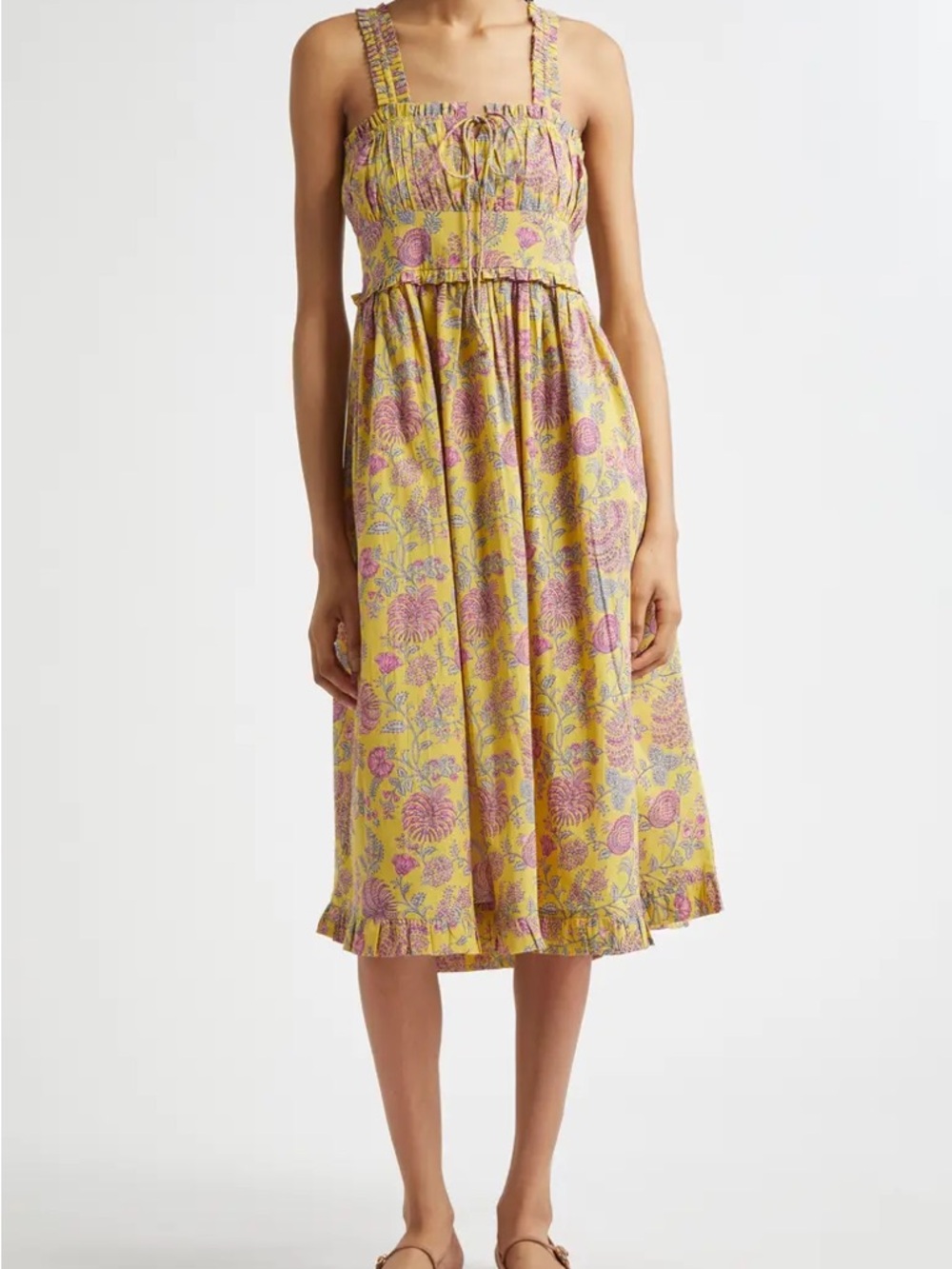 MILLE Calla Floral Cotton Midi Dress Citron Puff Sleeve Yellow Summer Boho M